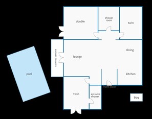 A floor plan with a pool, lounge, dining, kitchen, twin rooms, a shower room, and a front door.