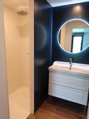 Shower, hair dryer, towels, toilet paper