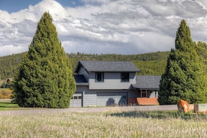 A modern two-story house with a grey roof and white walls, surrounded by a field and two tall evergreen trees.
