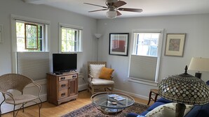Ein Wohnzimmer mit Fernseher, Korbsessel, Sofa und einer dekorativen Lampe.