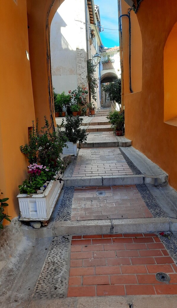 Une ruelle étroite, avec un chemin pavé de briques menant à l’entrée d’un immeuble.
