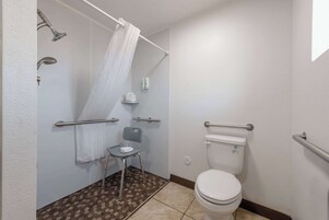 Un baño con ducha, inodoro y una silla.