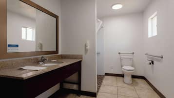 Ein Badezimmer mit Waschbecken, Spiegel, Toilette und Haltegriffen.