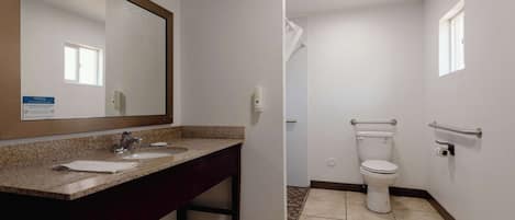 A bathroom with a sink, mirror, toilet, and handrails.