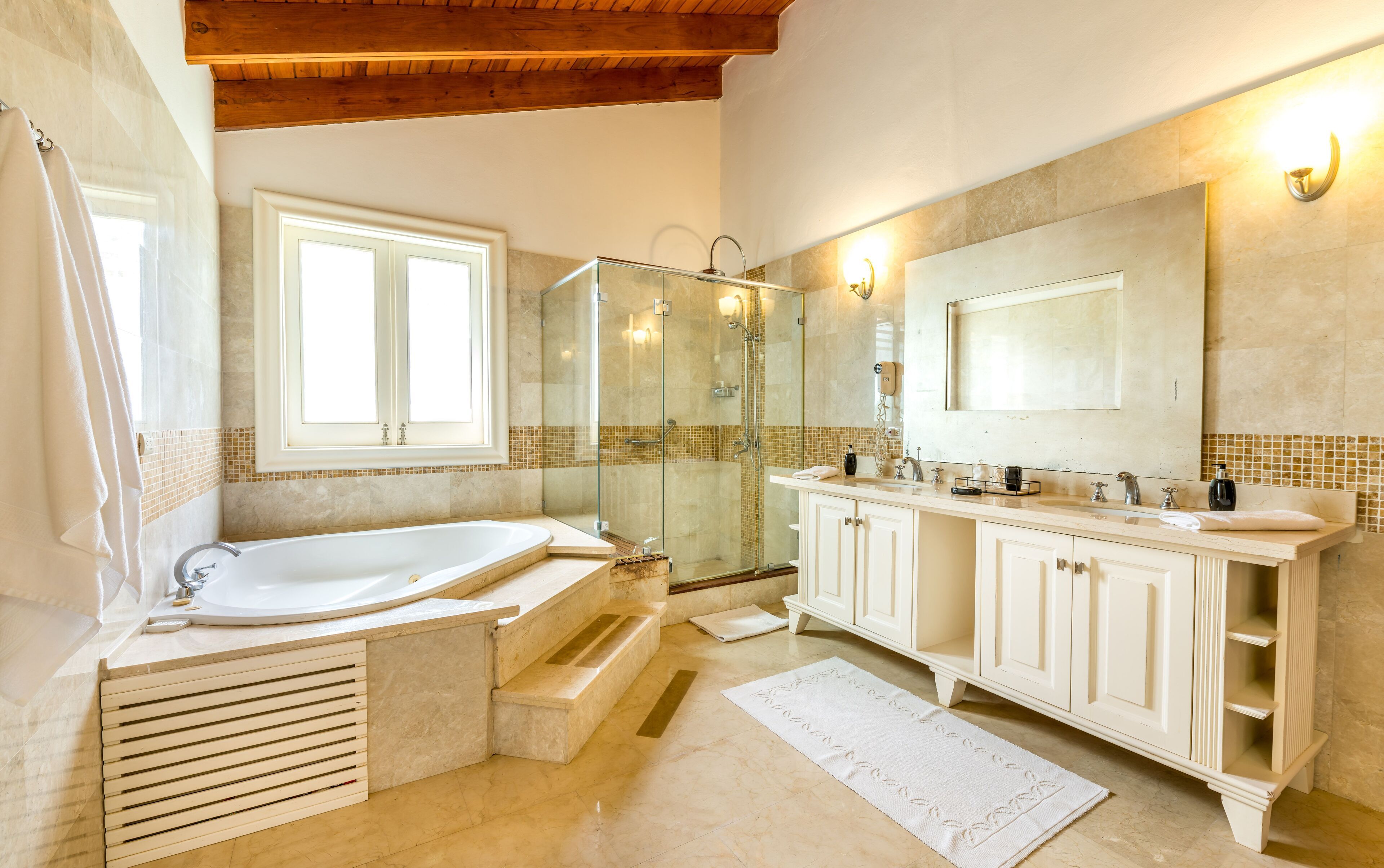 Hair dryer, towels, soap, toilet paper