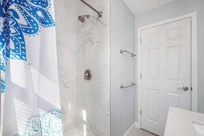 Hair dryer, towels, soap, shampoo