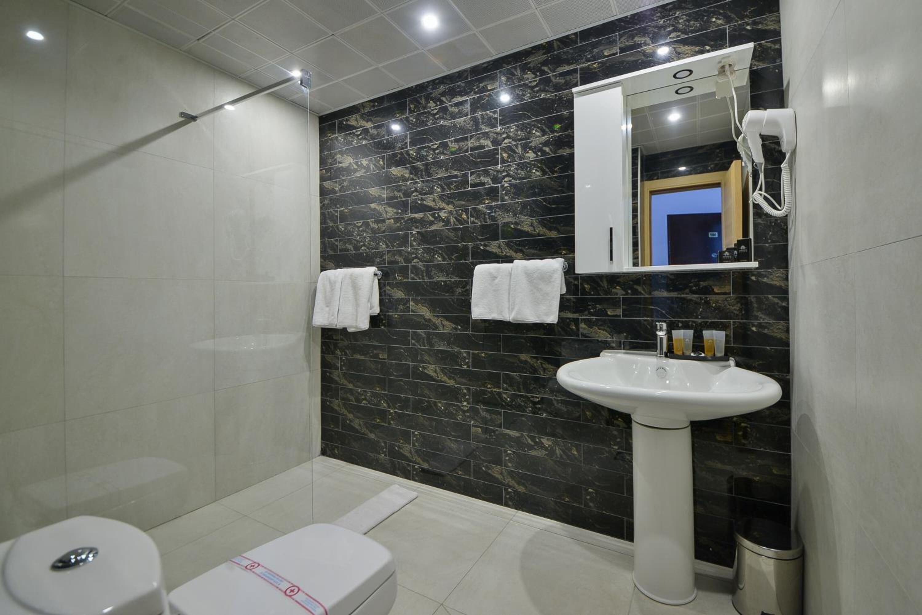 A modern bathroom with a marble backsplash, a pedestal sink, and a handheld showerhead.