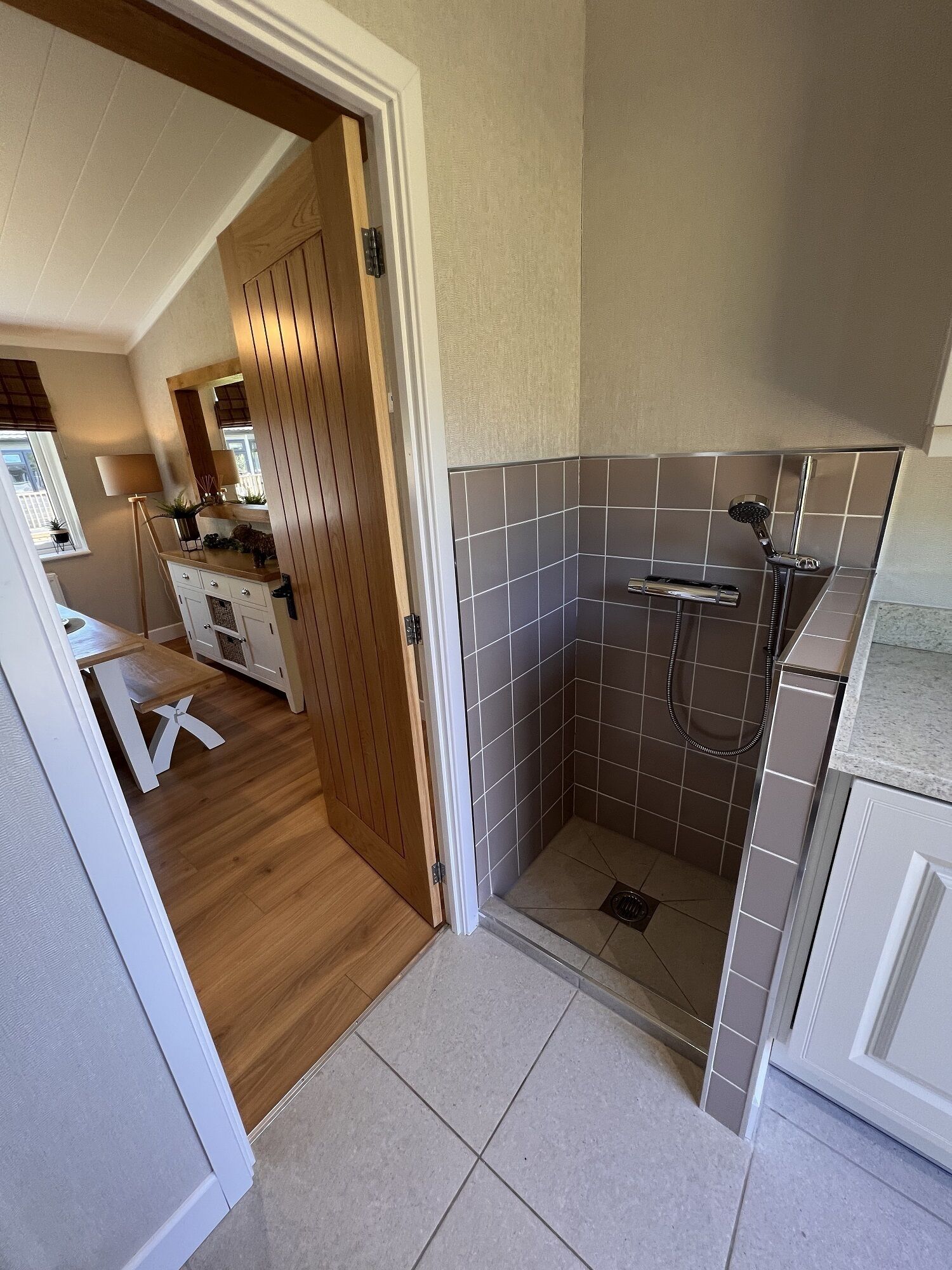 A modern bathroom with a shower, tiled walls, and a wooden door.
