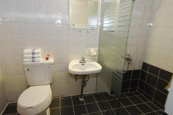 Un baño con inodoro, lavabo y cabina de ducha de vidrio.
