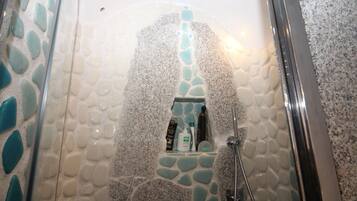 Shower, hair dryer, soap, toilet paper