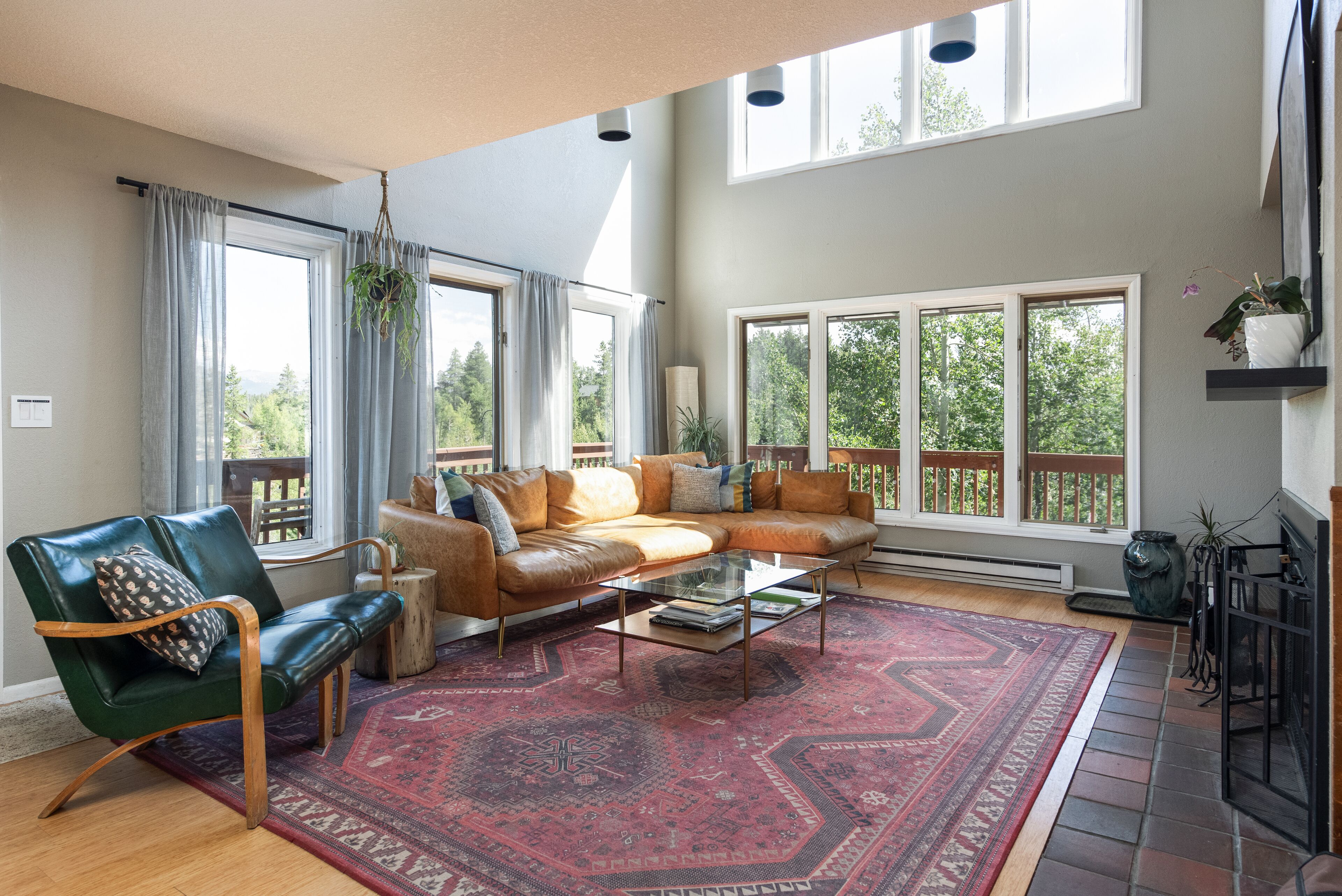 Smart TV, fireplace, books, music library