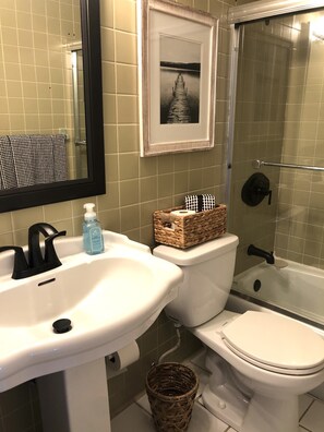 Combined shower/bathtub, hair dryer, towels, toilet paper