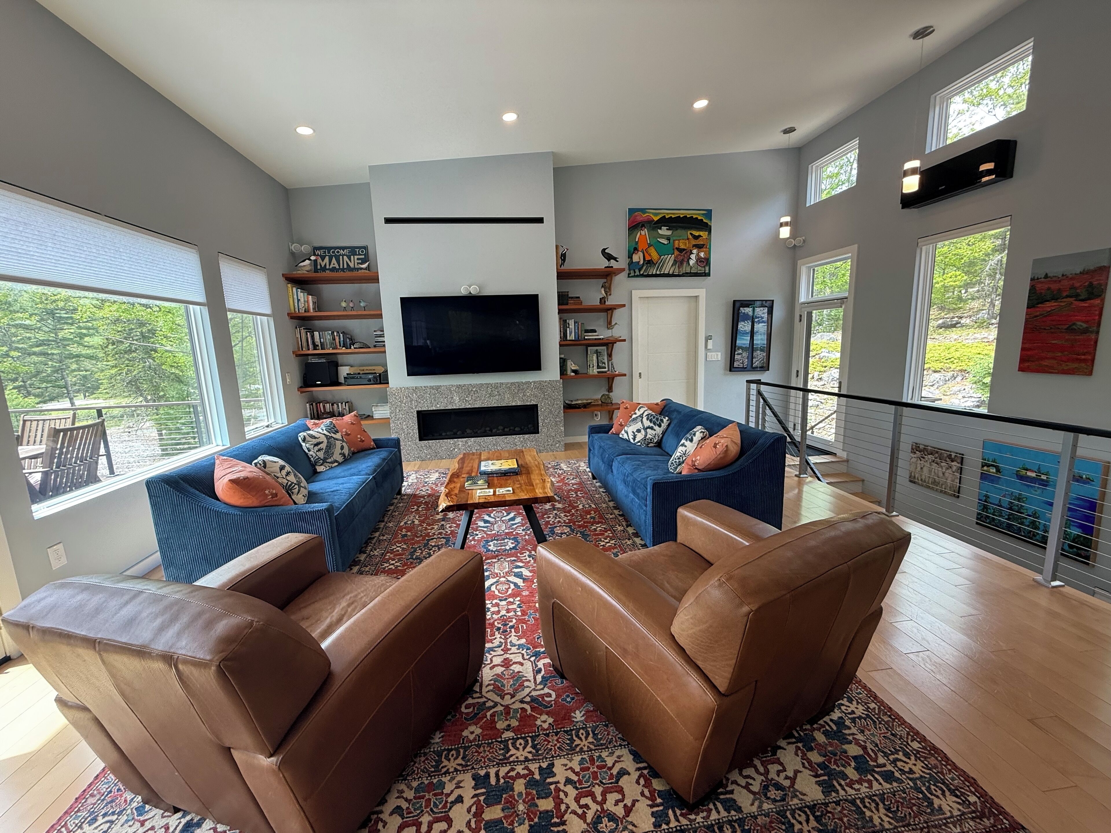 Smart TV, fireplace, DVD player, books