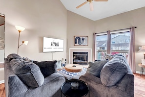 Smart TV, fireplace, DVD player, books