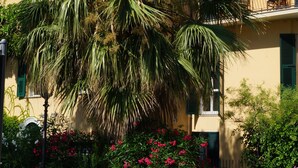 A building with a balcony, surrounded by lush greenery and flowering plants. - Luxury apartment in the olive grove in the hinterland of Alassio/Albenga, carport, Wifi (Casa nova Lerrone)