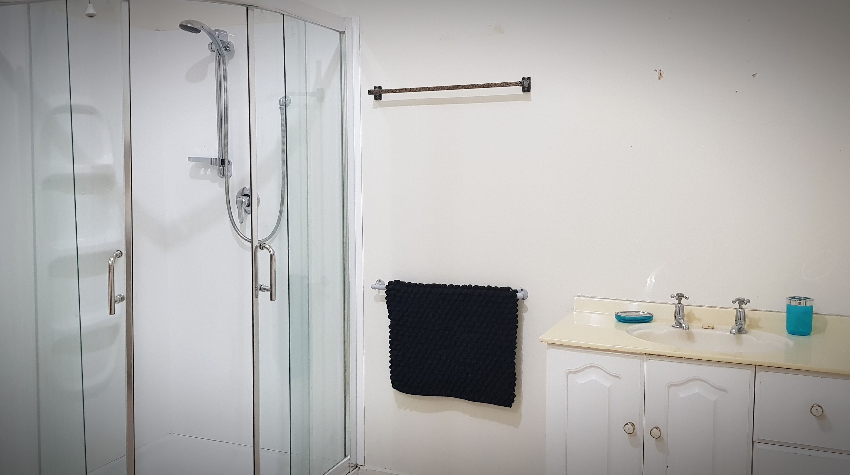 Shower, towels, soap, toilet paper