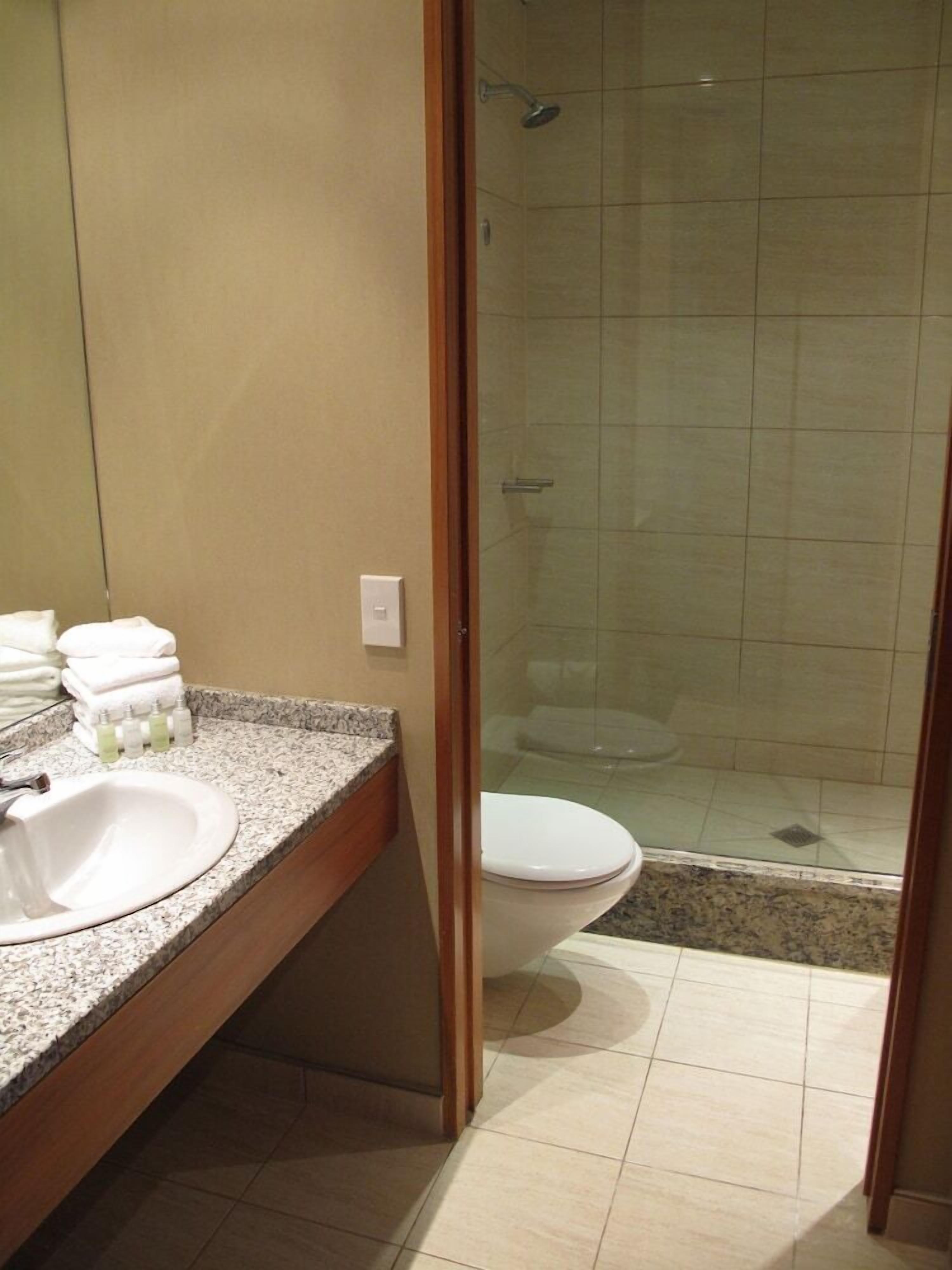 A bathroom with a granite countertop, a sink, a toilet, and a glass-enclosed shower area.