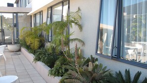 Un bâtiment moderne doté de grandes fenêtres et d’un patio carrelé, agrémenté de meubles d’extérieur blancs et de diverses plantes.