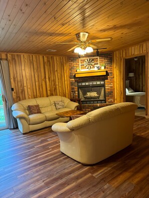 Smart TV, chimenea y libros 