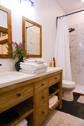 Shower, hair dryer, towels, soap