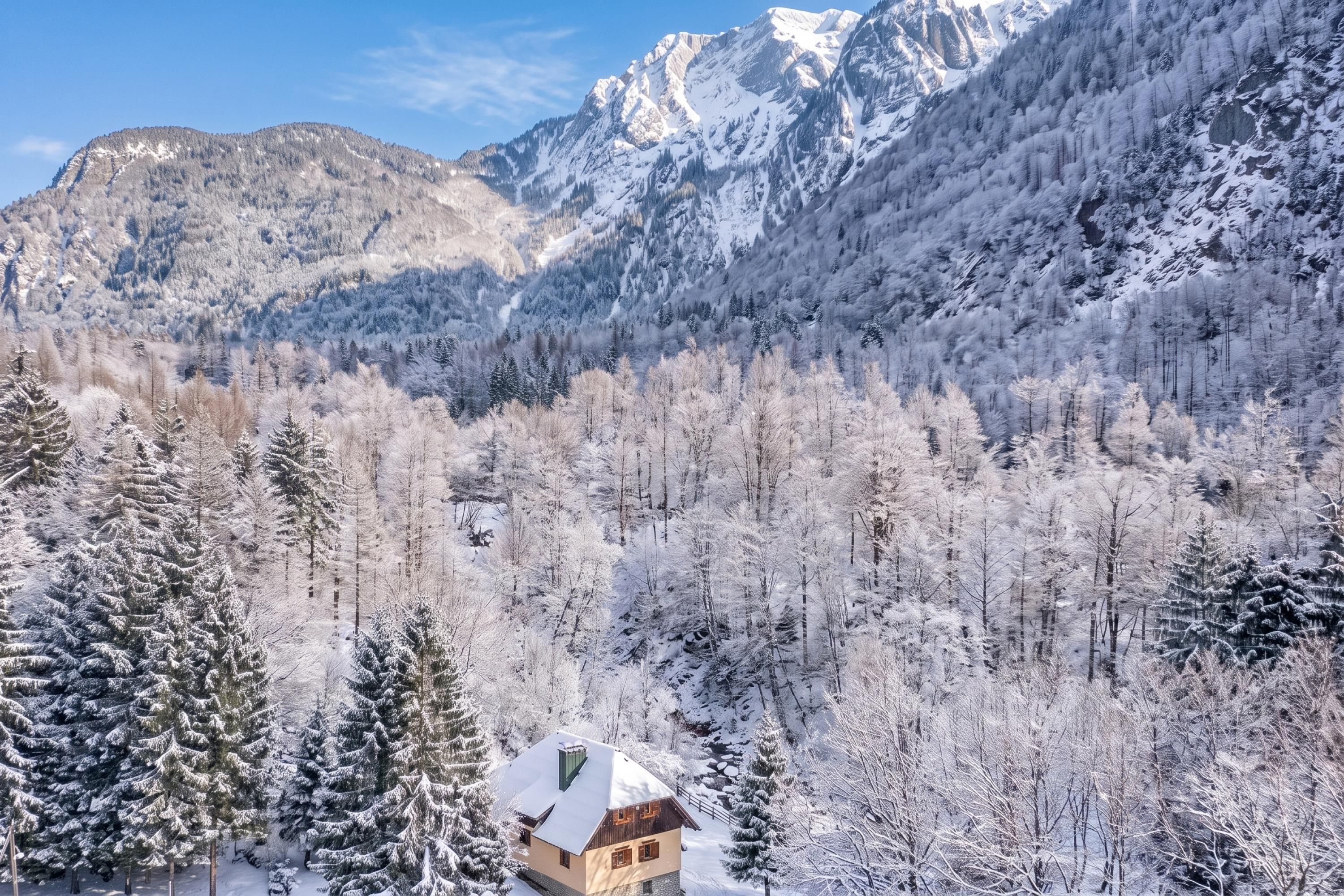 A mountain cabin surrounded by snow-covered trees and mountains.