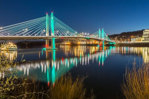 A bridge with a modern design, featuring multiple cables and illuminated by green lights.