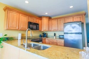 Fridge, microwave, dishwasher, coffee/tea maker