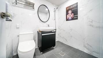 A bathroom with a toilet, a sink, a mirror, and a shower.