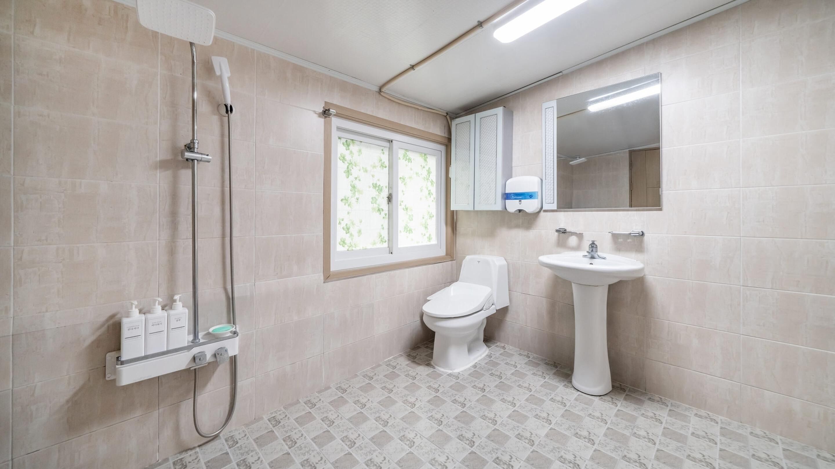 Baño con ducha, inodoro, lavabo y ventana.