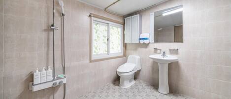 Baño con ducha, inodoro, lavabo y ventana.
