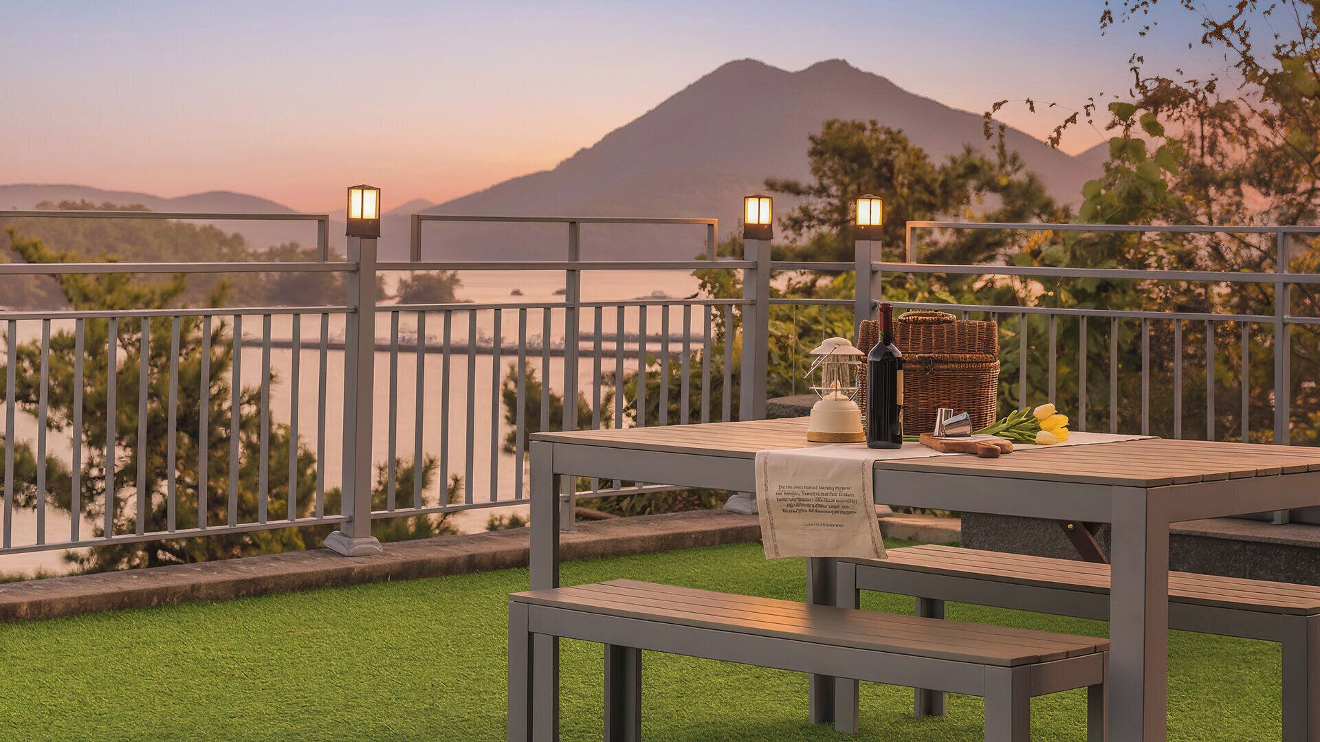 Una terraza con una mesa lista para comer, con vistas a un cuerpo de agua y montañas.