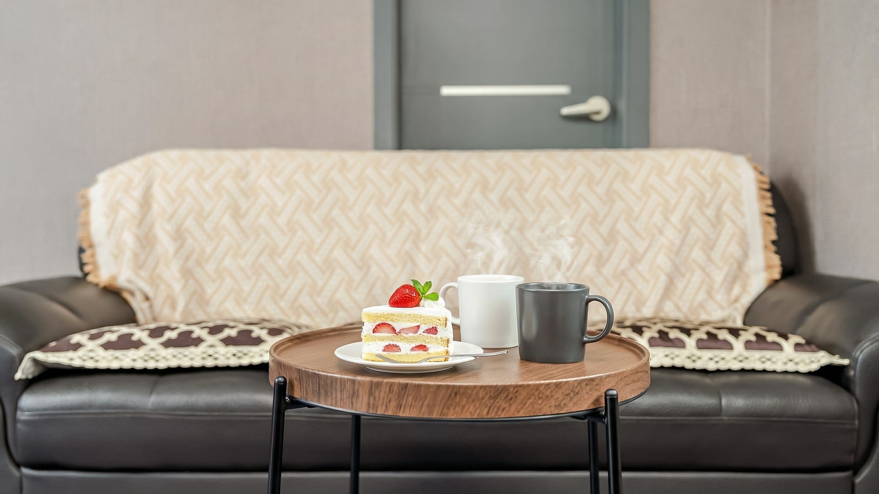 A cozy room with a leather sofa, a small wooden table with a cake and a mug, and a patterned throw blanket.