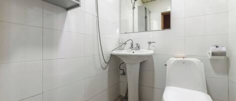 A bathroom with a white sink, a toilet, and a shower.