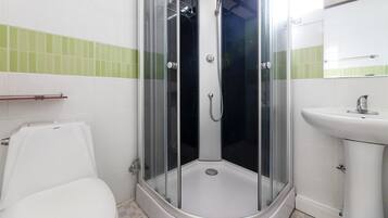 A bathroom with a glass-enclosed shower, a white toilet, and a sink with a mirror above it.