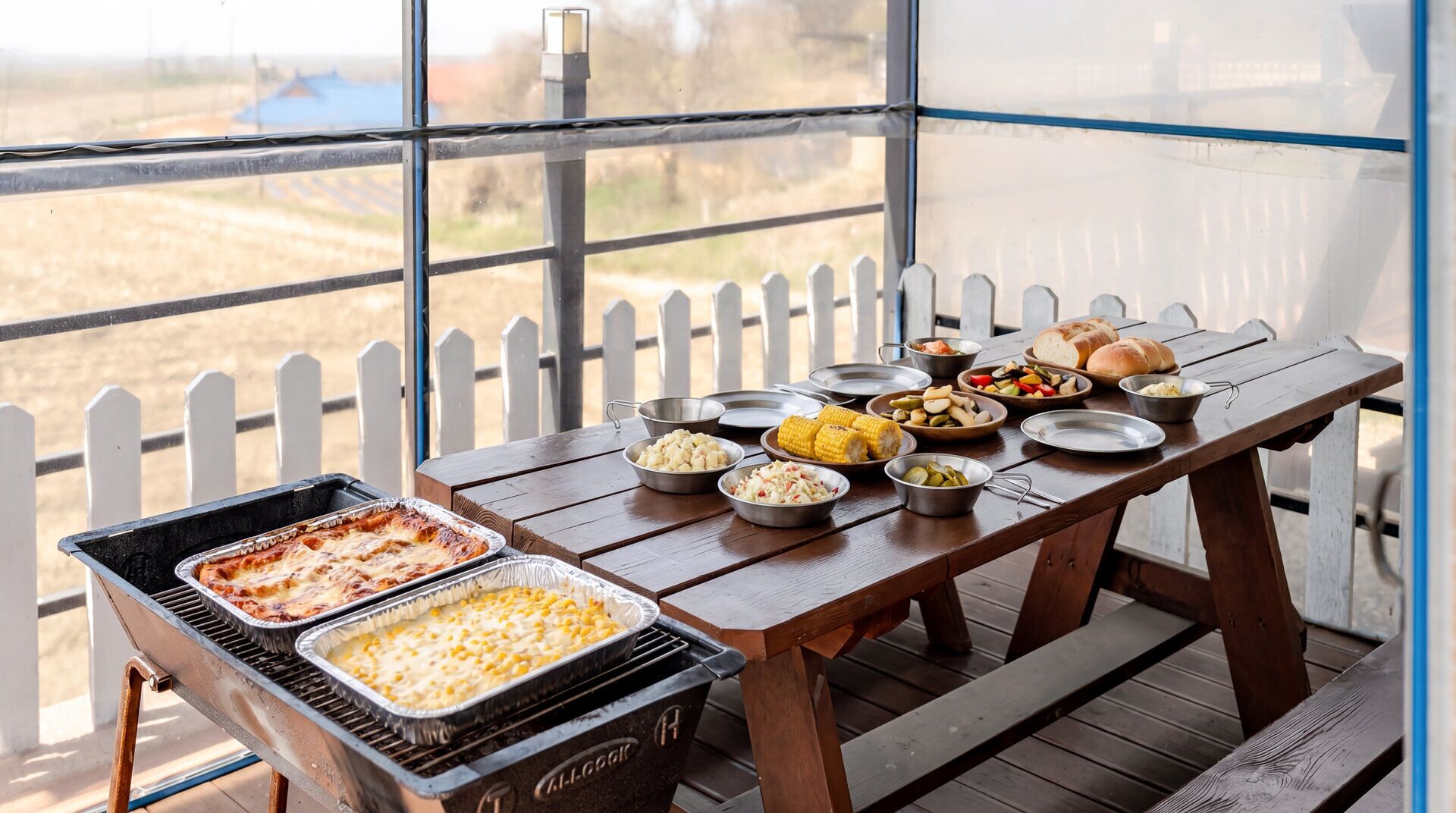 A barbecue grill with food, a wooden table with dishes, and a white picket fence.