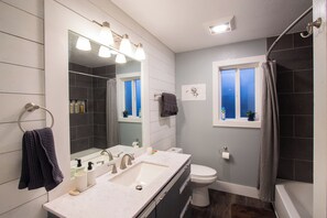 Combined shower/tub, hair dryer, towels, soap