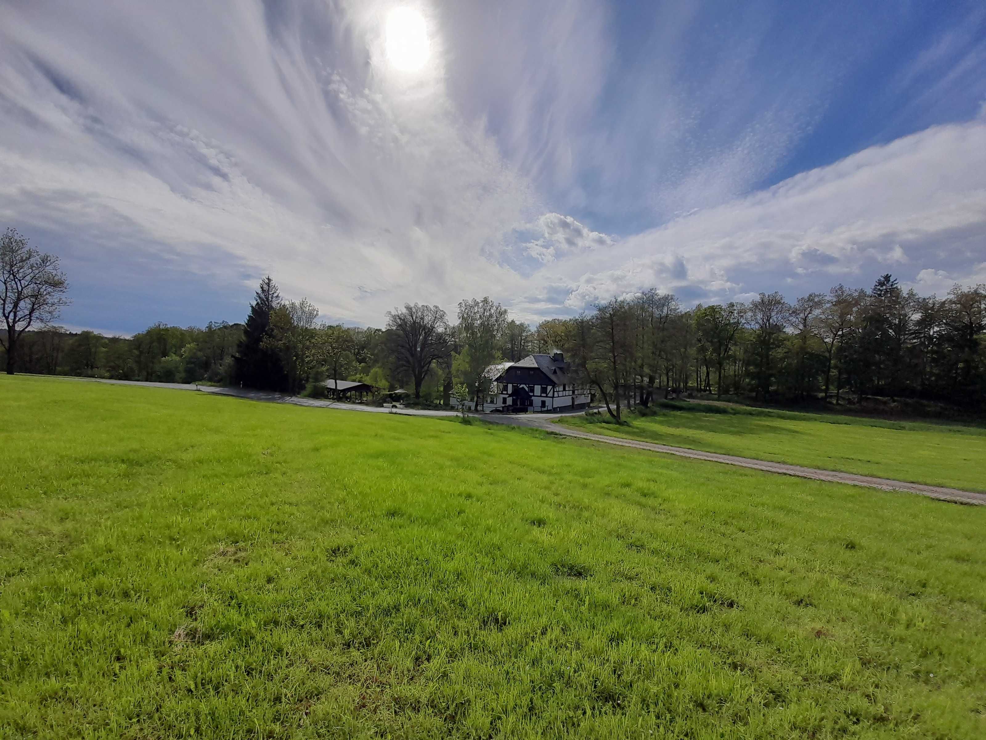 Ländliche Landschaft mit einem Haus, einem grünen Feld und Bäumen.