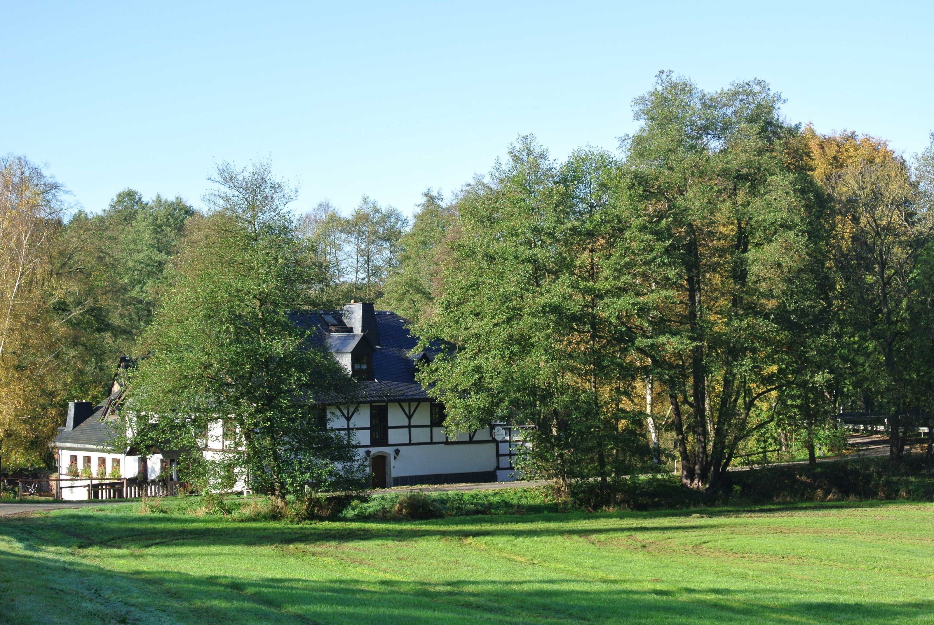 Ein traditionelles Haus mit dunklem Dach, umgeben von üppiger grüner Landschaft und Bäumen.