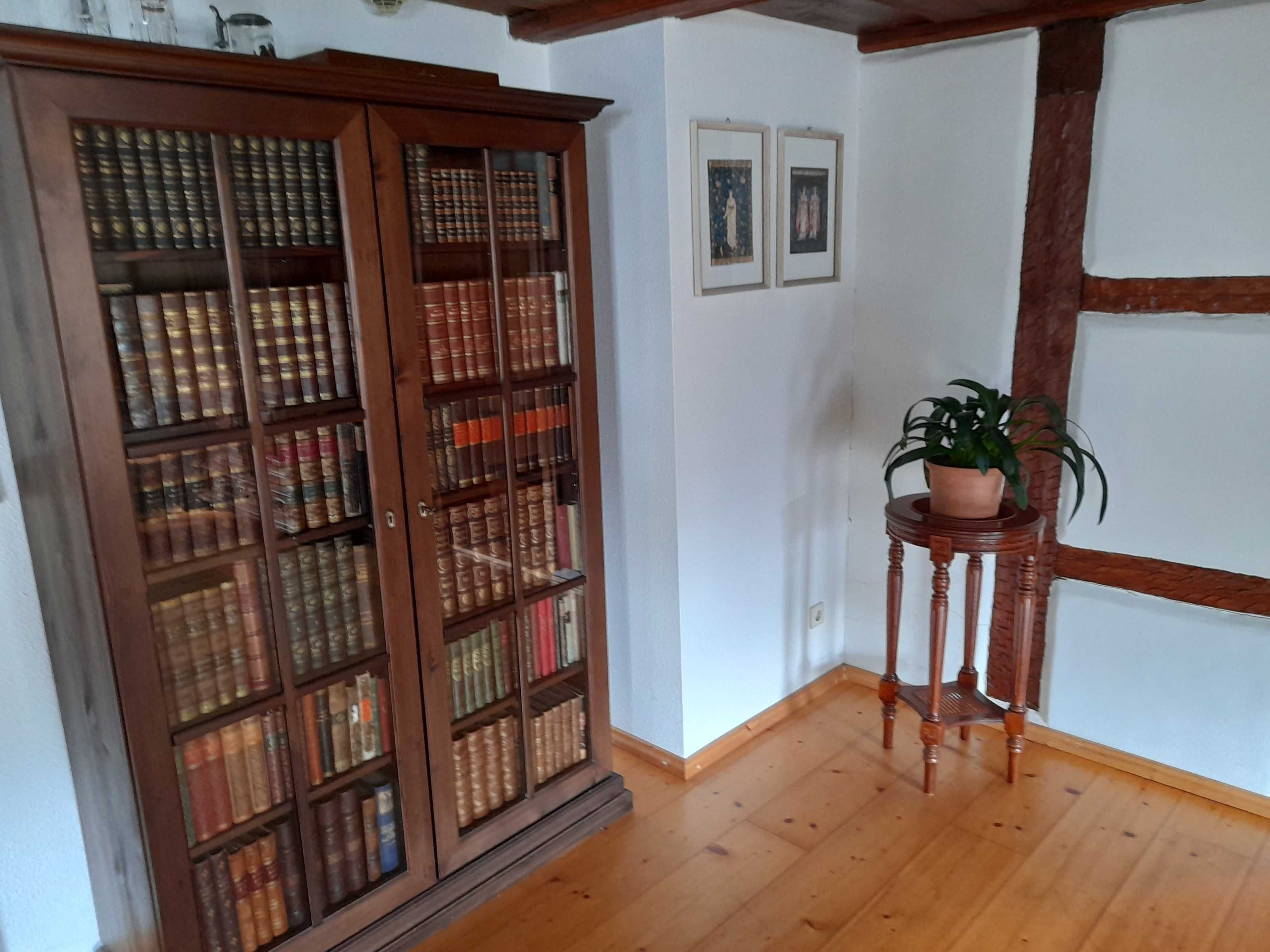Ein Zimmer mit einer Holzhütte voller Bücher, einem kleinen Holztisch mit einem Blumentopf und zwei gerahmten Bildern an der Wand.