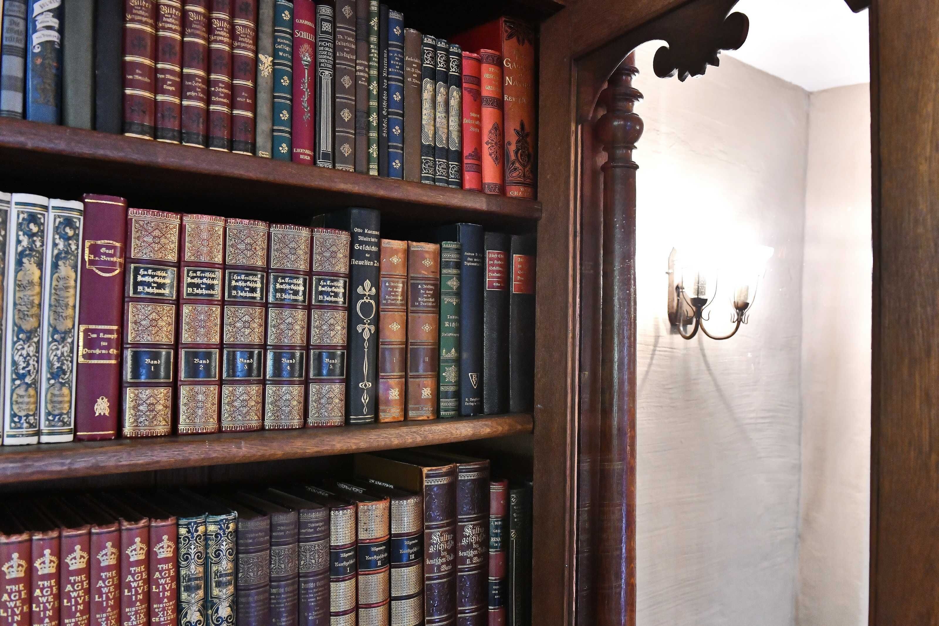 Una estantería llena de libros, una araña y un marco de puerta de madera.