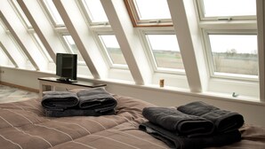 Een slaapkamer met een bed, een televisie op een standaard en uitzicht op het landschap door dakramen.