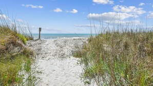 Ein Sandweg am Strand, gesäumt von hohem Gras, der zum Meer führt.