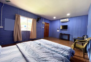 Una habitación con cama, escritorio, silla, televisor y aire acondicionado.