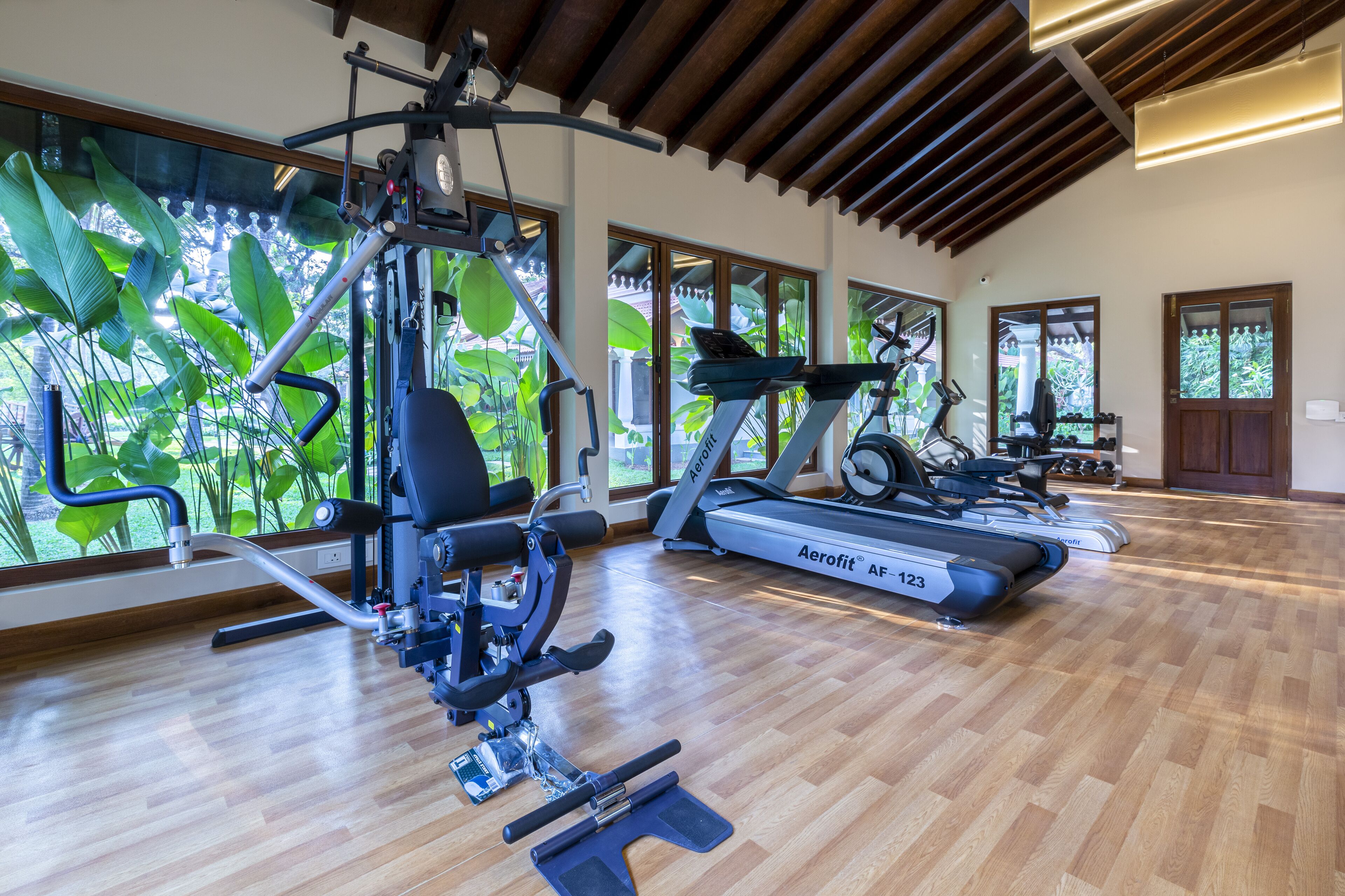 Een fitnessruimte met cardiotoestellen, gewichten en grote ramen met uitzicht op groen.