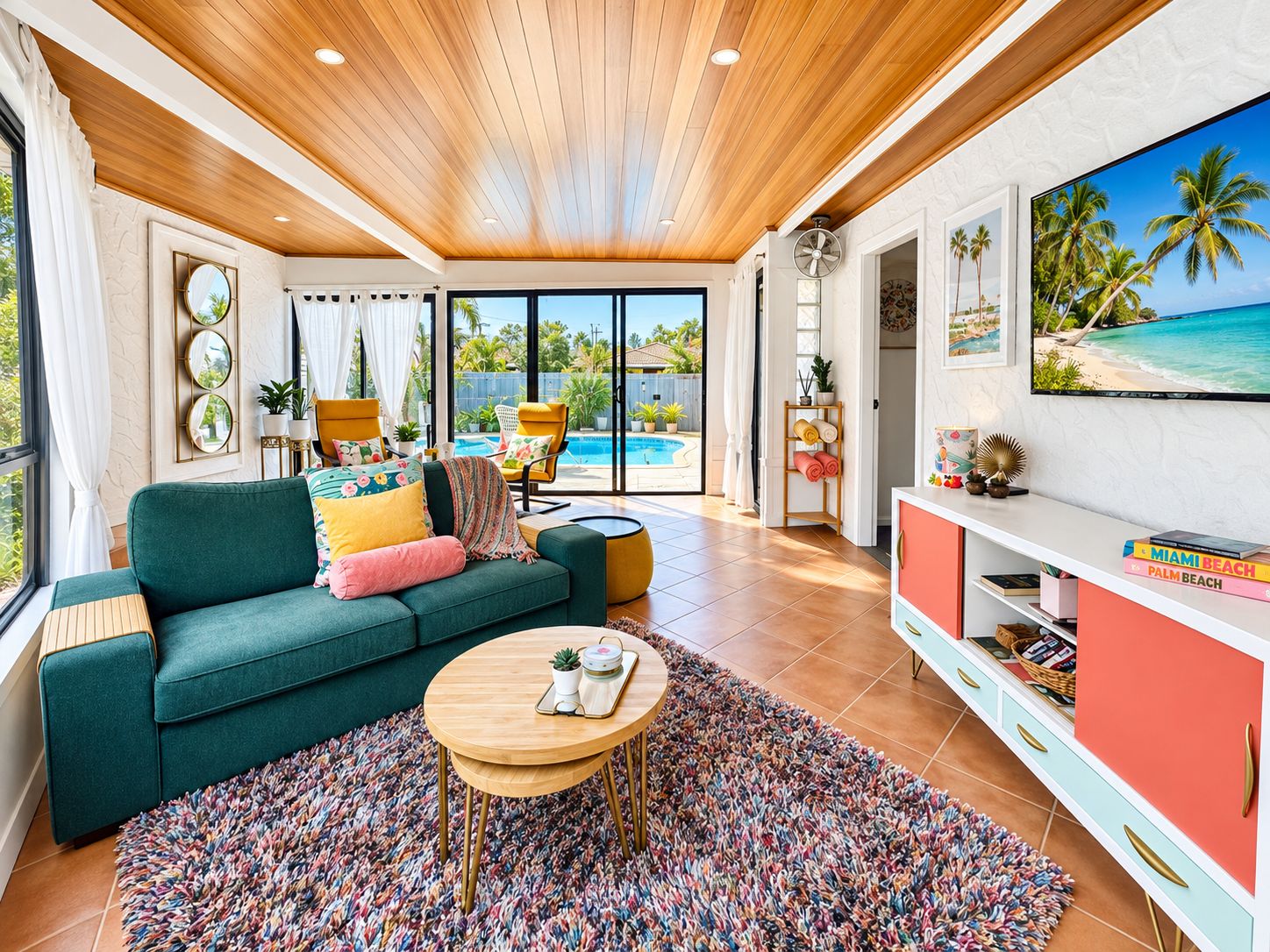 A living room with a green sofa, a coffee table, and a TV on a white wall. There is a pool visible through the glass doors.