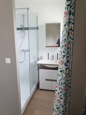 Combined shower/bathtub, hair dryer, towels, soap