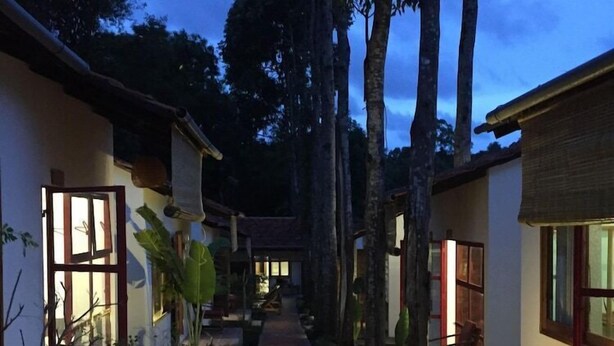 A pathway leading to a row of houses with large windows, surrounded by trees and plants. - Langchia Hostel & Bar (Phu Quoc)
