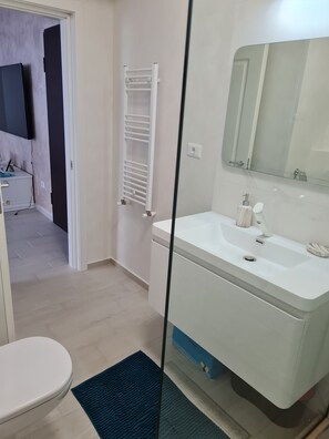Hair dryer, towels, soap, toilet paper