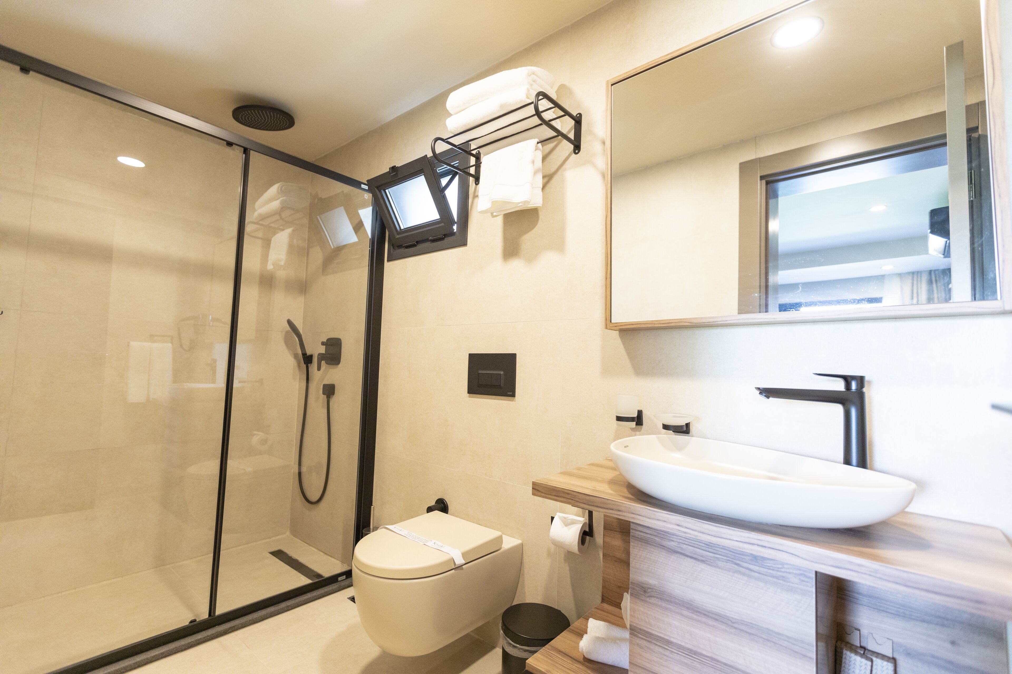 A modern bathroom with a glass shower enclosure, a toilet, a sink with a mirror above it, and a towel rack.