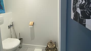 Douche, sĂšche-cheveux, savon, papier toilette